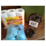 TRASH CAN, TOILET PAPER, CUPS, COSMETIC MIRROR