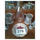 JAMES BEAM PIN BOTTLE, SCHLITZ MUGS, CORK SCREW,