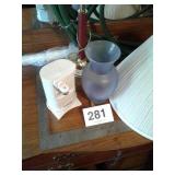 SQUARE, LAMP, VASE, 2 SHORT GARDEN HOSES, CAN