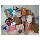 TOTE OF LIGHT BULBS, KITCHEN TOWELS, ETC.