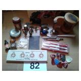FLAT OF VINTAGE COLLECTABLES, TIN PIC, WHISTLE,ETC