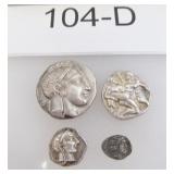 4 ANCIENT GREEK SILVER COINS....29.2 GR