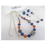SILVER TONE BLUE/ORANGE GLASS STONE NECKLACE
