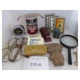 VINTAGE GLASSES, ADDER, OLD INK BOTTLE