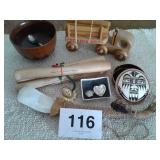 MISC, SHOE HORN, WOOD TOY, COPPER TIN