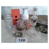 VINTAGE BOTTLE, VASE, BIRD HOUSE, TIN, ETC