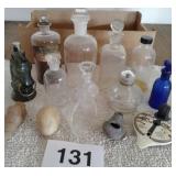 OLD BOTTLES, GLASS FUNNEL, INCENSE BURNERS, BLUE