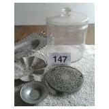 ALUMINUM &SILVER PLATE, LARGE GLASS CONTAINER