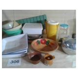 ENAMEL PANS, WOOD BOWL, HEAT/KOOL ICE BUCKET, ETC