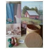 OIL PAINTINGS, DUMBBELLS, CARDBOARD CONTAINER
