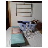 BASKET OF BATH TOWELS, LAUNDRY ITEMS, WHITE VINYL