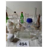 FLAT OLD BOTTLES, MILK GLASS, ETC