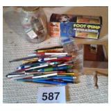 OLD ADV. MATCHES, INK PENS, FOOT PUMP