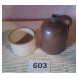 BROWN WHISKEY STONE  JUG, ROUND STONE CROCK