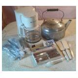 COFFEE MAKER,STEAK KNIVES, SILVERWARE, TEA KETTLE