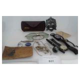 MISC VINTAGE ITEMS, GLASSES, LEATHER POSTCARD,