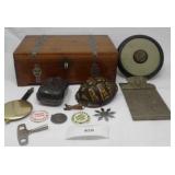 WOOD BOX, ANTIQUE SOAP DISH, OLD CLIP BOARD