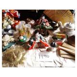 LOT OF ORIENTAL DOLLS, FANS, TEA POTS, POWDER,ETC.