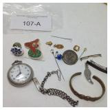 MISC. JEWELRY, POCKET WATCH, 4-H PINS, HAT PINS