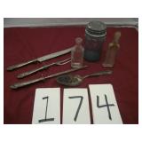 EARLY KNIFE SET, OLD BOTTLES & JAR, SPOON