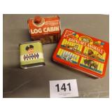 3 TINS, LOG CABIN, FOSSIL, ANIMAL CRACKERS