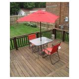 Patio glass top table with umbrella and  twochairs