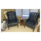 Pair of Blue Tufted Leather Wingback Chairs with Nailhead Trim & Oak Two-Tier End Table