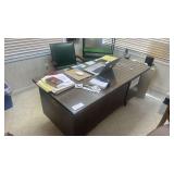Executive Office Desk with Glass Top, Guest Chair, Metal 2-Drawer File Cabinet, Asset #309