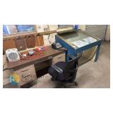 Vintage Slanted Glass-Top Map Display Table, Blue Wood, 48" x 30" x 36"