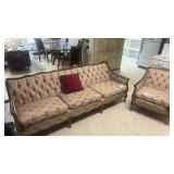 French Provincial Sofa & Chair Set, Carved Wood, Tufted Floral Upholstery, Vintage 1960s-70s