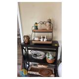 Modern Black 3-Shelf Console Table with Assorted Decor, Baskets, Lantern, Ceramic Stein