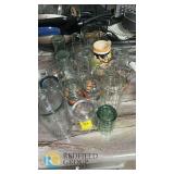 Assorted 16-Piece Glassware Lot: Tumblers, Mugs, Rooster Motif, Stein, Green Glass, Lot 703