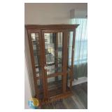 Glass Oak Curio Display Cabinet, 4 Glass Shelves, Mirrored Back, Locking Doors, Lighted Interior