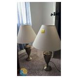 Pair of Traditional Brass Table Lamps with Fabric Shades, 30" Height, Classic Urn Design