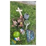 Variety of Garden Decor: Metal Tractor, Birdhouse, Welcome Plaque, Tricycle Plant Stand, Gnome