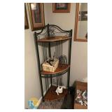 3-Tier Metal and Wood Corner Shelving Unit with Decorative Scrollwork