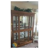 Large Oak Glass Curio Display Cabinet—Mirrored Back, 6 Glass Shelves, Hinged Doors, 78"x58"x17"