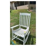 White Wooden Rocking Chair, Classic Outdoor Slat-Back, 45" Height, Armrests, Curved Seat