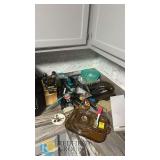 Large Mixed Kitchenware Lot: Knives, Amber Glass Bakeware, Utensils, Blocks, Bowls, Vintage/Modern