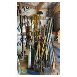 Large Lot of Mixed Landscaping and Garden Hand Tools – Shovels, Rakes, Hoes & Winch (~18 Items)