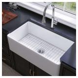 $220 Miuara Farmhouse Sink 33 Inch - Apron Front Kitchen Sink Reversible 33"x18"x10", Undermount Installation, Farm House Style Single Bowl, Solid Fireclay, Glossy White, for Kitchen