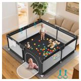 $90 Baby Playpen 64x64 Inch for Babies and Toddlers Indoor & Outdoor | Large Baby Play Yard, Safe & Sturdy, Easy-Assembly, Non-Slip, Easy to Clean, Black, Lightweight, External Zipper Door