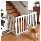 $85 ZJSF Foldable Freestanding Indoor Dog Gate for House Wood White Long Pet Gates Dog Fence for Stairs Puppy Gates for Hallways,Pet Fence, Puppy Gate,Support Feet Included 24 "Height-4 Panels