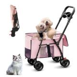 $76 Foldable Pet Stroller for Small Medium Dog Cat Strolling Cart with 4 Wheel | Pink Color, Sroller for Pets Supports Up To 55Lbs, Easy To Fold, Portable Design, 4 Wheels Dogs Carrier, Breathable Mes