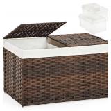 $48 SETVSON Storage Basket with Lid, 2-Lid PE Rattan Storage Bin, Brown | 65L Storage Bin with 2 Separate Lids, 2 Removable Liners with Divider for Clothes & Blankets, Sturdy Frame, Brown
