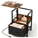 $32 Faesun Swivel Lift Top Nightstand with Charging Station, Rolling Side Table for Recliner, Bedside Table with Wheels & a Fabric Drawer, for Small Spaces, for Bedroom, Living Room, Brown Black