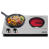 $80 Double Burner, CUSIMAX 1800W Ceramic Electric Hot Plate for Cooking, Silver | Dual Control Infrared Cooktop, Portable Countertop Burner, Works with All Cookware, Glass Plate, Stainless Steel Easy 