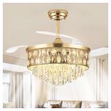 $299 52 Inch Fandelier Ceiling Fan with Light, Chandelier Fan, Retractable Crystal Ceiling Fan Dimmable LED, 3 Color Temperatures, 6 Speeds, for Bedroom & Living Room