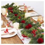 $29 6FT Christmas Garland for Indoor Outdoor Table Fireplace Xmas Decorations | Artificial Green Garland Decorations With Burgundy Velvet Ball Berry Exquisite Ornaments, for Home Party Holiday Decor