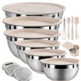 $33 Mixing Bowls with Airtight Lids Set, 20 PCS Kitchen Gadgets Set, 6 Stainless Steel Bowls,3 Grater Attachments,Non-Slip Silicone Bottoms,Great for Serving&Baking,Size 5, 4, 3.5, 2.1, 1.5, 1.1QT (Kh